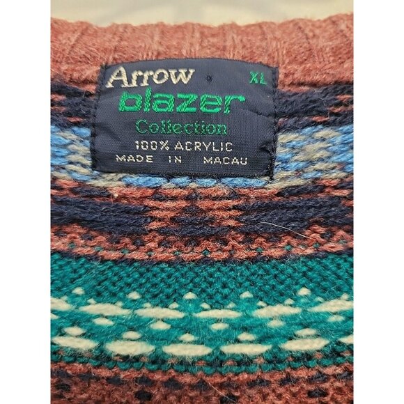 Vintage Men's Arrow Fairisle Vest V Neck Burnt Orange Green Blue XL - Picture 5 of 7